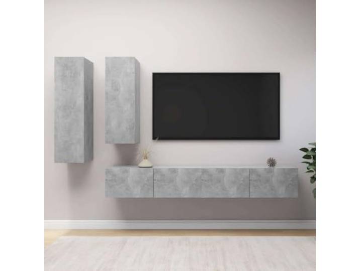 HEFZGDB 4-TLG. TV-Schrank-Set Betongrau Holzwerkstoff Wandmontage mit großem Stauraum und Mehreren Fächern Modernes Design für Wohnzimmer HiFi Aufbewahrung robust langlebig