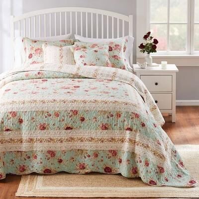 Greenland Trading Co. Antique Rose Bedspread Set Powder Blue, Queen, Powder Blue