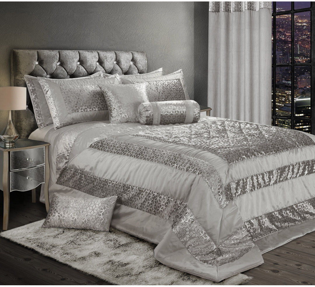 Canora Grey Astello Luxury Metallic Geometric Foil Pattern Bedspread Grey 254 x 177 cm