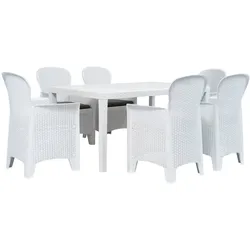 vidaXL 7-tlg. Garten-Essgruppe Kunststoff Weiß Rattan-Optik