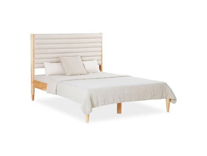 Homestyle4u Holzbett 140x200 Bouclé - Polsterbett mit Lattenrost Doppelbett mit gepolstertem Kopfteil in Beige/Creme, Bettgestell aus Massivholz, inkl. Rolllattenrost
