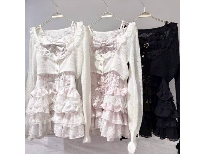 Ensemble Robe Liz Femme Fille 2026 Nouvelle Collection Été – Robe à Bretelles Florale et Cardigan Tricoté – Style Lolita Doux – Ensemble 2 Pièces
