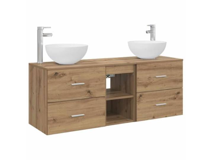 KTHLBRH Badezimmer-Schrank-Set 3-teilig Eiche Handwerk Wand Technisches Holz, 2 Schubladen, 1 Einlegeboden, anpassbare Hahnlöcher, minimalistischer Stil