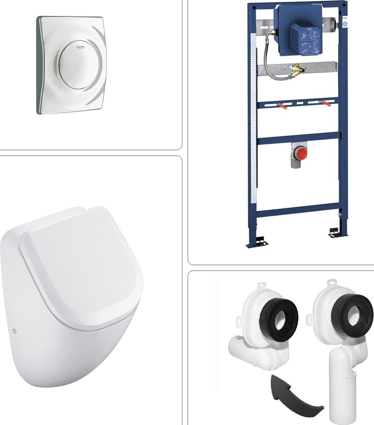 VIGOUR DERBY Urinal Pissoir spülrandlos mit SoftClose Deckel, Grohe Vorwandelement und Betätigungsplatte, matt chrom