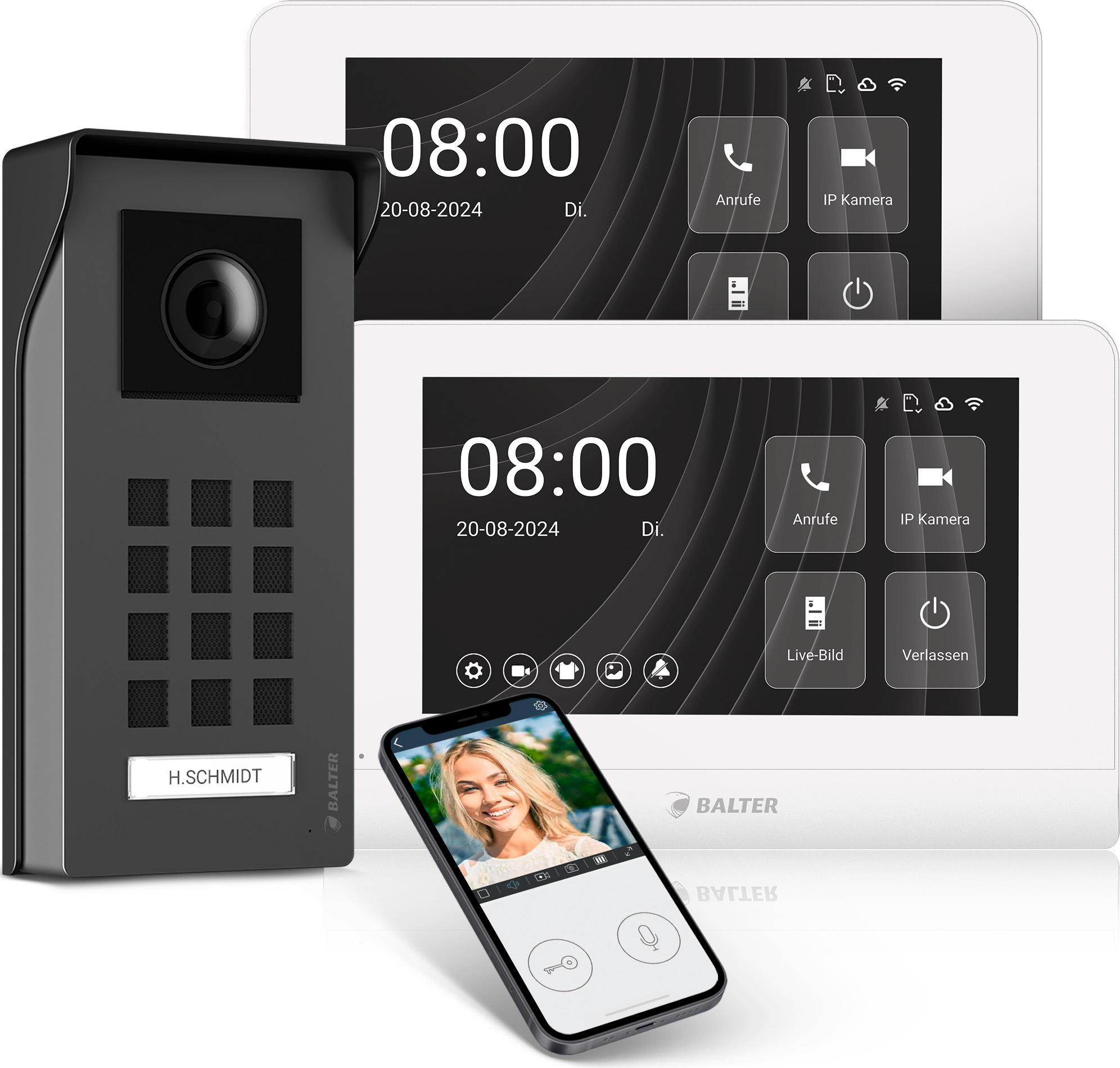 Entri M Video Türsprechanlage, Video Türklingel, 1 Familienhaus mit 2x 7-Zoll HD Monitor, 2-Draht, Aufputz, Smartphone App, Video Full HD Kamera