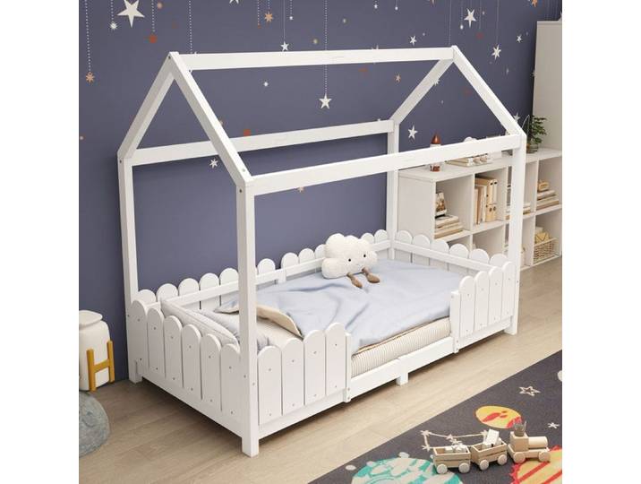Lit enfant maison - Dimensions 90x200 cm - Bois massif - Blanc - Protection contre les chutes - Design maison avec toit