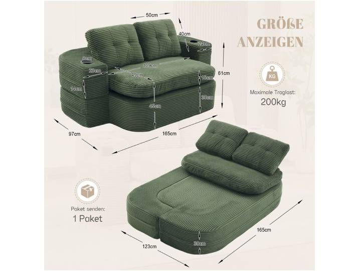 Fauteuil lit 2 en 1 convertible en méridienne tissu corduroy vert émeraude dossier haut 2 porte-gobelets ORVRYN