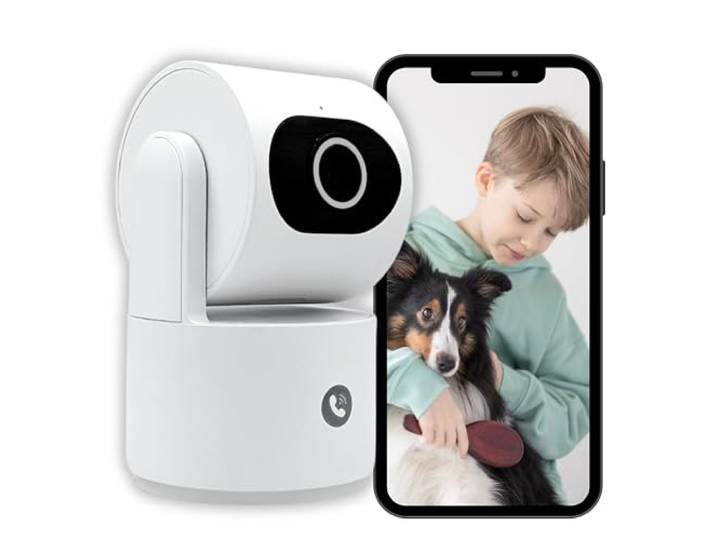 Konyks Camini Care 2 - Caméra de Surveillance intérieure WiFi\, 3MP\, Bouton d'appel vidéo et Sirène intégrée\, Notifications Smartphone\, Détection de Mouvement et Bruit Compatible Google Home et Alexa