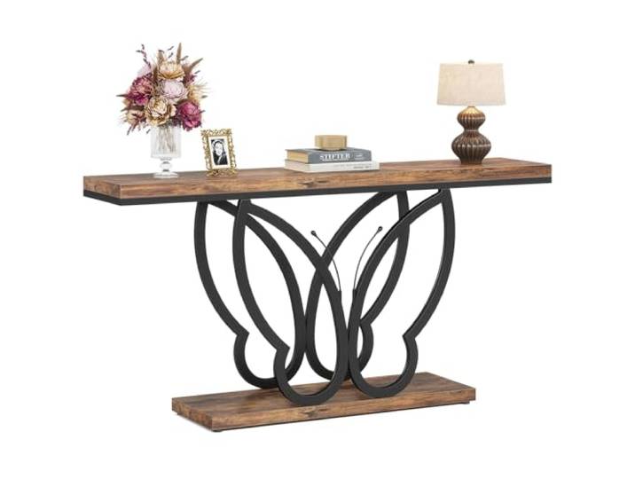 LITTLE TREE Konsolentisch, Industrie Flurtisch für Eingangstisch, 140 cm Schmaler Sofatisch Beistelltisch für Flur Wohnzimmer, Stabiler Metallrahmen, Rustikales Braun