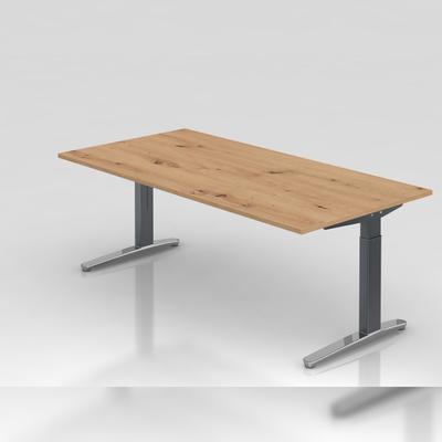PROREGAL Schreibtisch Mika | Asteiche | Graues Gestell poliert | BxT 200x100cm | Arbeitshöhe 65-85cm | höhenjustierbar, 1cm Raster | C-Fuß-Gestell