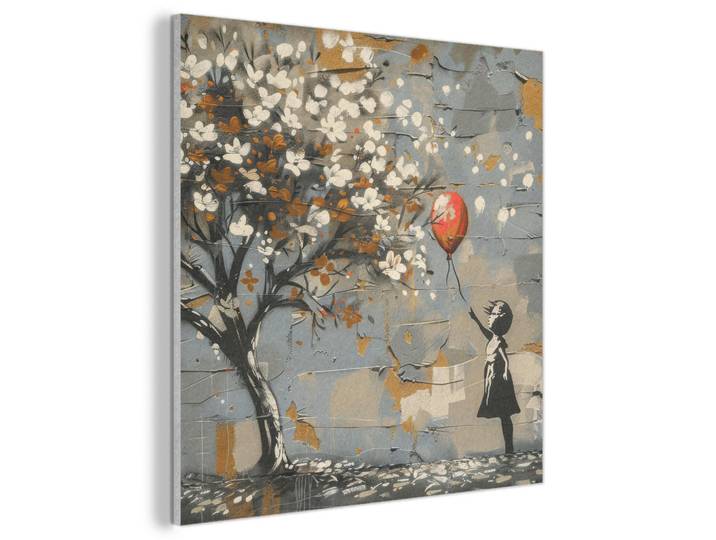 MuchoWow Akustikbild Baum - Graffiti - Banksy-Stil - Ballon-Mädchen Akustikpaneele 90x90 cm, Blaugrau, Kunststoff, Quadratisch, 90x90x0.9 cm, Tapeten & Wandverkleidungen, Akustikpaneele