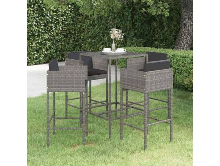 Wetterfestes PE Rattan Gartenbar Set mit Kristallglas Tischplatte Grau 5 5-tlg. Gartenbar-Set mit Kissen Poly Rattan Grau Bistro Tisch Set Balkon Terrasse Wetterfest Stahl Gestell