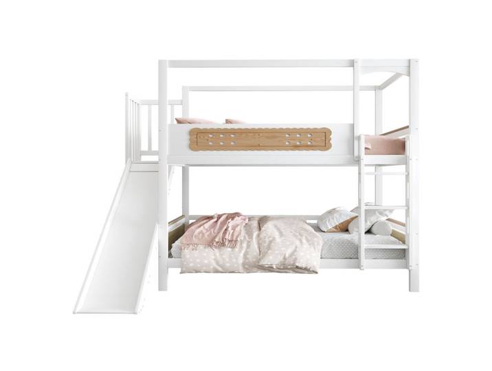 Okwish Etagenbett 160/200 cm weiß/natur aus Holz mit Rutsche, Naturfarben, 90x200 cm, Babymöbel & Kindermöbel, Kinderzimmer & Jugendzimmer, Stockbetten