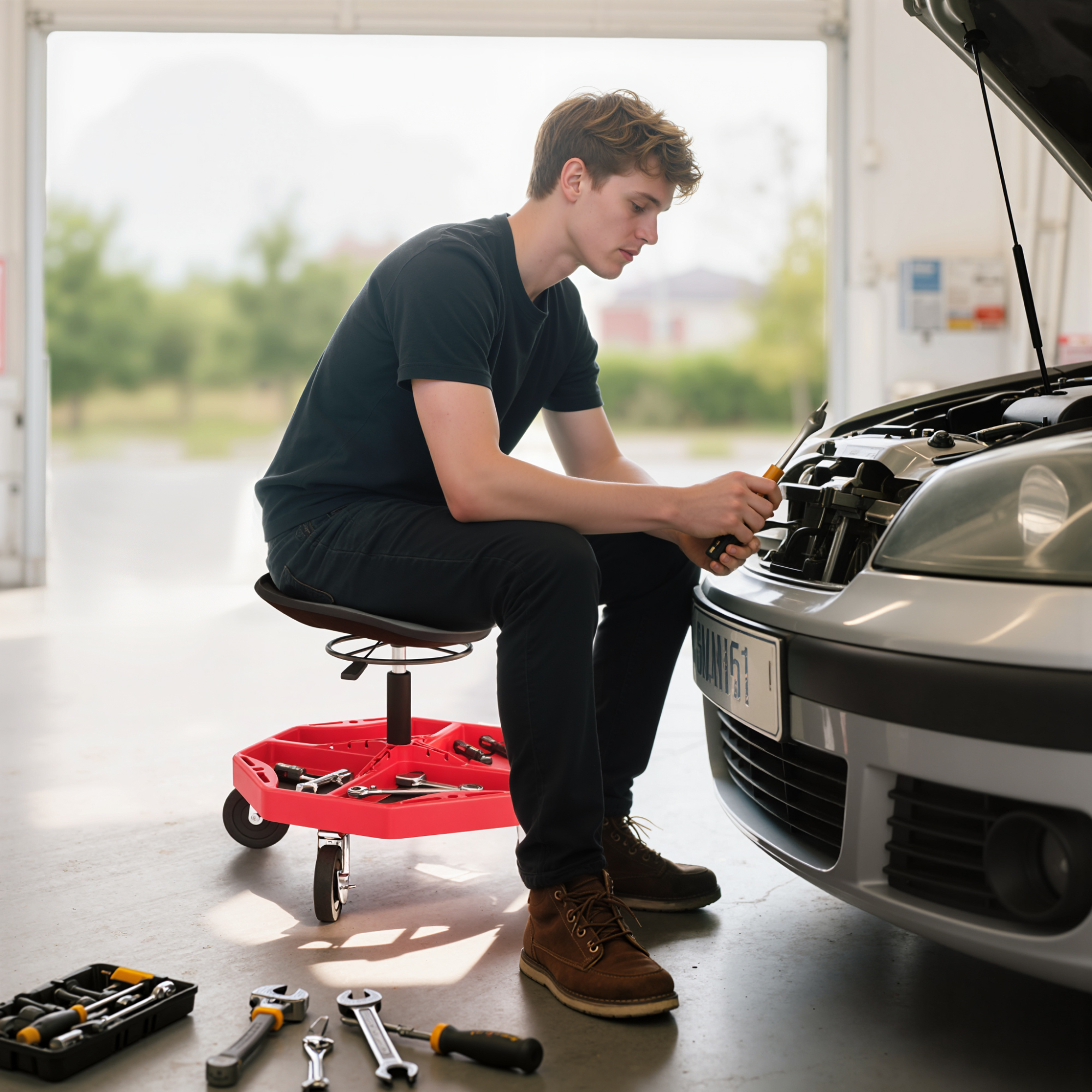 Homcom Sgabello da Officina con Vassoio Magnetico e Ruote, Mobile per Garage Altezza Regolabile da 52–59,5 cm, Rosso   Aosom Italy