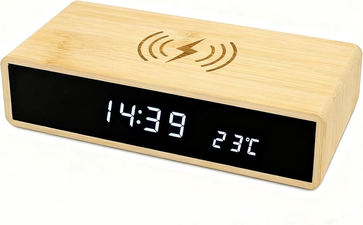 Digitale Houten Alarmklok met Snelle Draadloze Oplader voor Smartphones en LED-display