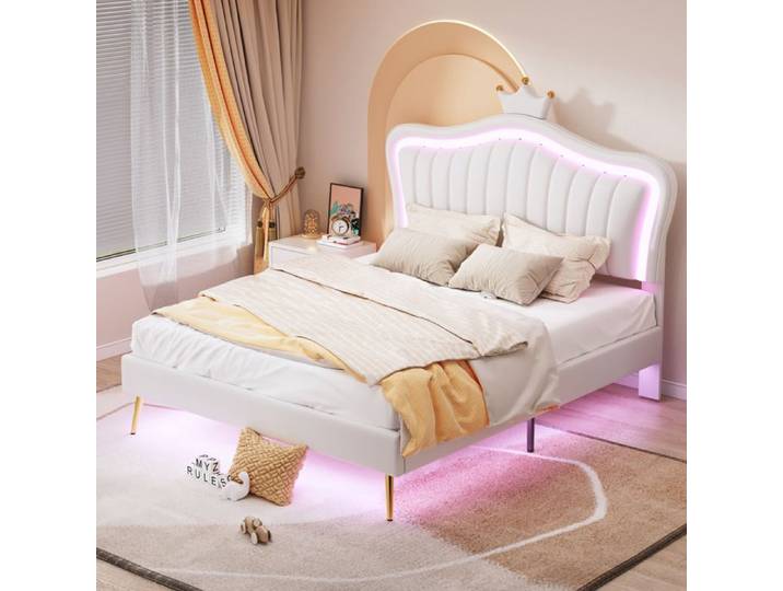 Lit enfant rembourré 140x200 cm blanc couronne LED sans matelas