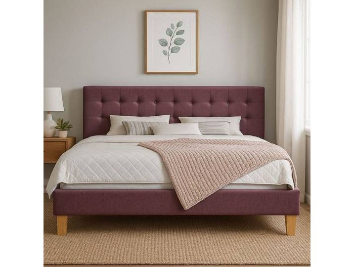 Lit - Frederic - 140x190 cm - Rouge - Solide et Confortable - Tête de Lit Capitonnee