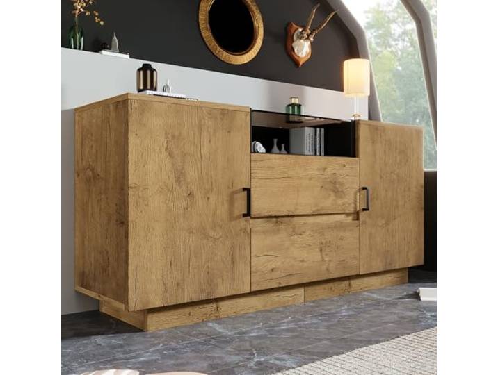 BTM Eichenoptik Kommode Sideboard 2 Schubladen 2 Schränke höhenverstellbar, offenes Fach ESG-Glas Schwarze Griffe, H70/B140/T40 cm