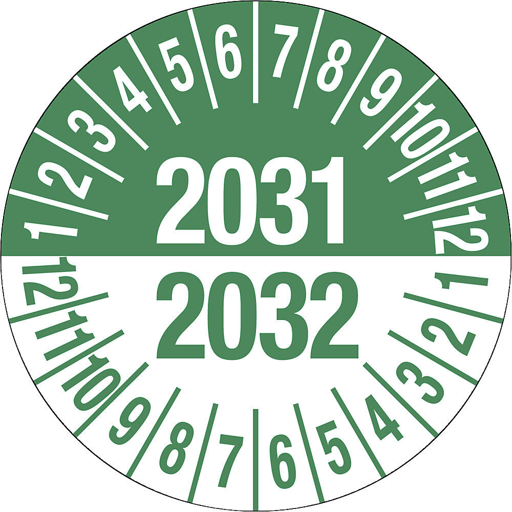 kaiserkraft Prüfplakette, Mehrjahreszahlen, grün, Dokumentenfolie, Ø 35 mm, VE 10 Stk, 2031/2032