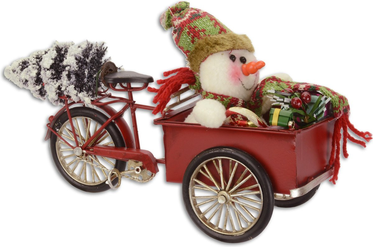 MadDeco Blikken decoratie bakfiets kerstboom en sneeuwpop voor op tafel