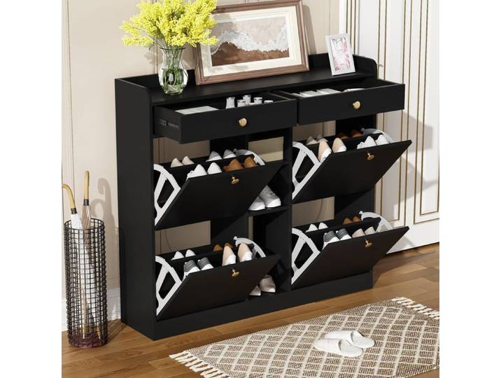 Meuble chaussure noir-4 portes abattantes-2 tiroirs-3 compartiments ouverts-Meuble entree noir modernes-PB- 110L