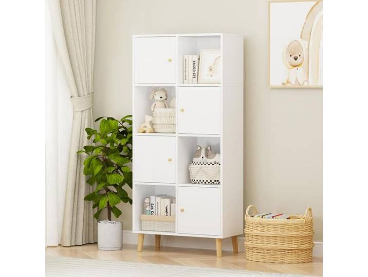 MIPAN.Blanc Bibliothèque avec 8 Cubes Meuble de Rangement Bibliothèque Étagère Rangement avec 4 Portes - 64.5x30x138cm