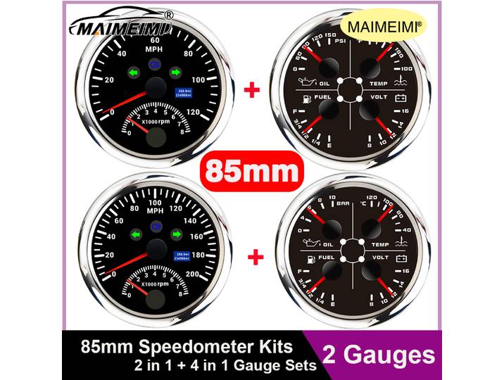 Jauge multifonctionnelle 4 en 1, compteur de vitesse GPS 2 en 1 pour voiture et bateau, 85mm, pour camion et bateau, rétro-éclairage 7 couleurs, ensemble de 2 jauges 0-10Bar