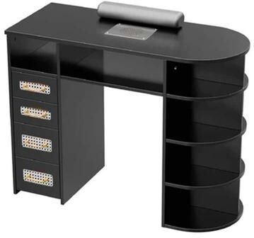 No Black Rattan Manicure Nail Table with Built-In Electric Dust Collector, Detachable Wrist Rest, Drawers