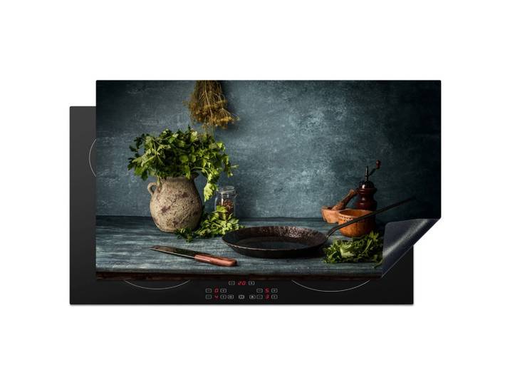 HERDABDECKPLATTE Kräuter - Gewürze - Pfanne - Messer - Grau - Rustikal Ceranfeldabdeckung 90x52 cm