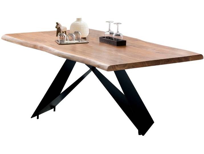 Esstisch SIT Conwy aus Akazie massiv mit Baumkante & Cross-Base-Gestell , braun (natur, schwarz, schwarz, natur), B:240cm H:77cm T:100cm, Akazie, Metall (Eisen), Tische, Esstisch, 56 mm starke Akazienplatte mit natürlich gewachsener Baumkante