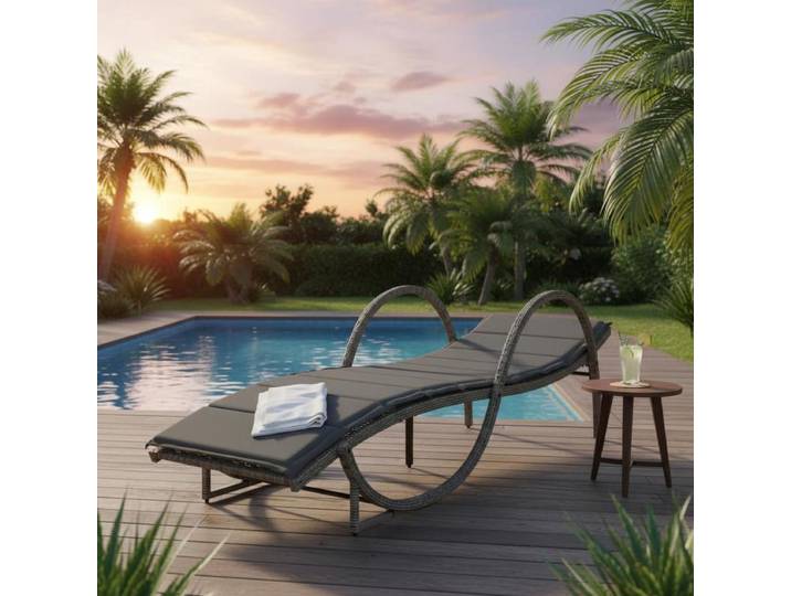 Chaise longue en osier gris avec coussin, dossier réglable, chaise longue d'extérieur, 60x199x42 cm, résine durable, confort, mobilier de jardin