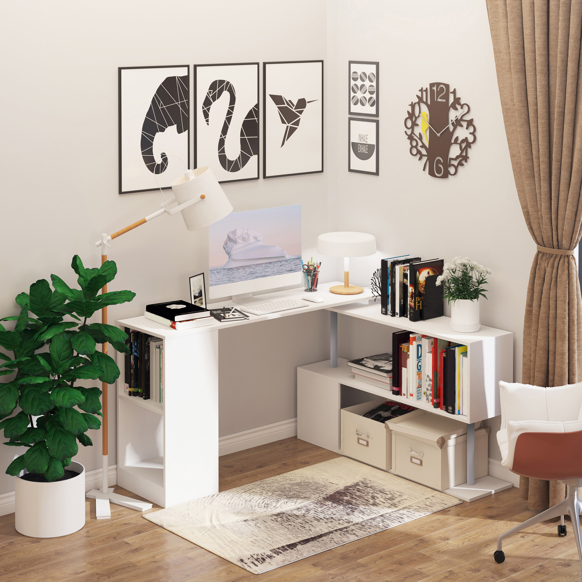 Homcom Scrivania Moderna, Angolare e Girevole con Libreria per PC, Camera o Ufficio, Tavolo da Pranzo in Truciolato Bianco, 140x120x78 cm Aosom