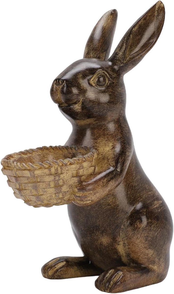 Bronskleurig Konijn Tuinbeeld met Vogelvoeder - Dierenbeeldje voor Buiten Decoratie - Hoogte: 20 cm