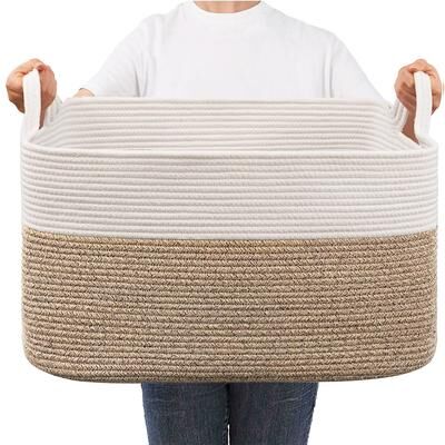 Daily Discovery Cotton Rope Storage Basket Woven Cube Shelf Organizer For Home brown And White