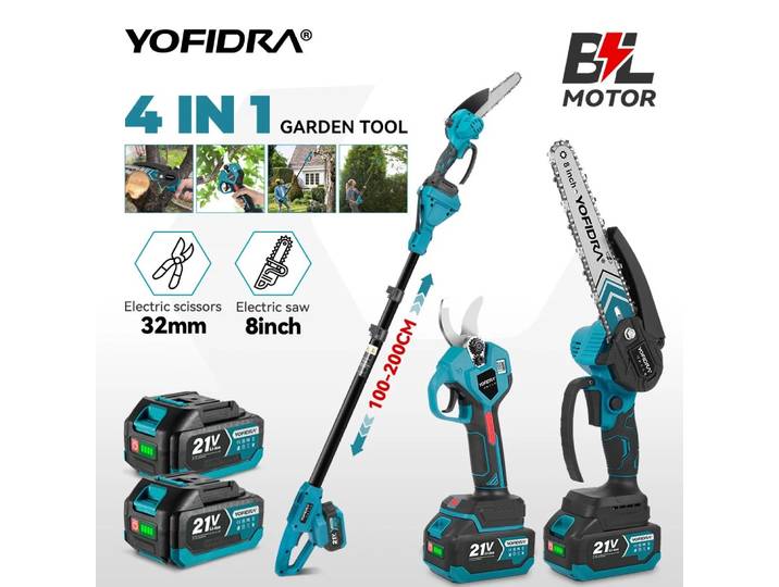 YOFIDRA Scie à perche télescopique sans balais 4 en 1, tronçonneuse 8 pouces, sécateur 32 mm, outil de taille d'arbres de jardin pour batterie Makita