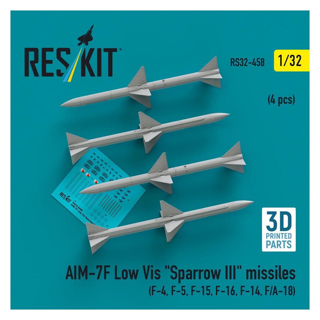 ResKit AIM-7F Low Vis Sparrow III missiles (4 pcs) (F-4, F-5, F-15, F-16, F-14, F/A-18) (3D Printed) (RS32-0458)
