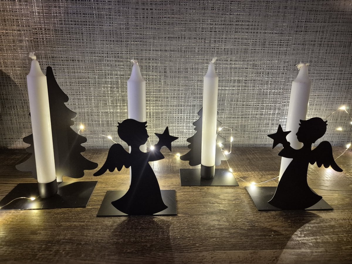 Posiwio Collectie Kerstdecoratie Set van 4 Zwarte Metalen Engelen, Dennenbomen en Kaarsenhouders