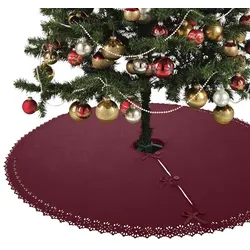 wometo Weihnachtsbaumdecke Ø 120 cm in rot – Christbaumdecke / Baumunterlage mit Satinbändern & Knöpfen – romantisches Landhaus-Muster, gestanzter Rand –