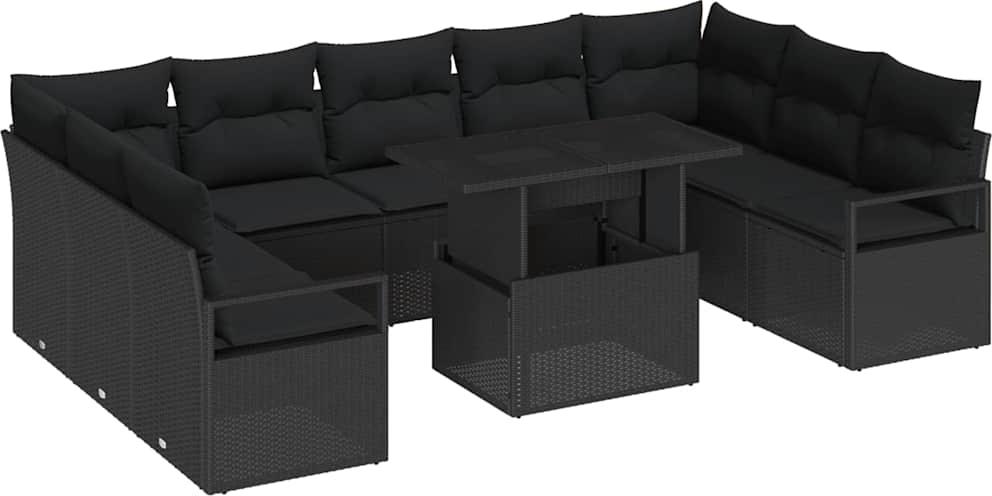 Modulares Garten-Sofa-Set, 10-teilig, mit höhenverstellbarem Tisch und Stauraum, Poly-Rattan, UV-beständig, Schwarz, 9 Sitzplätze
