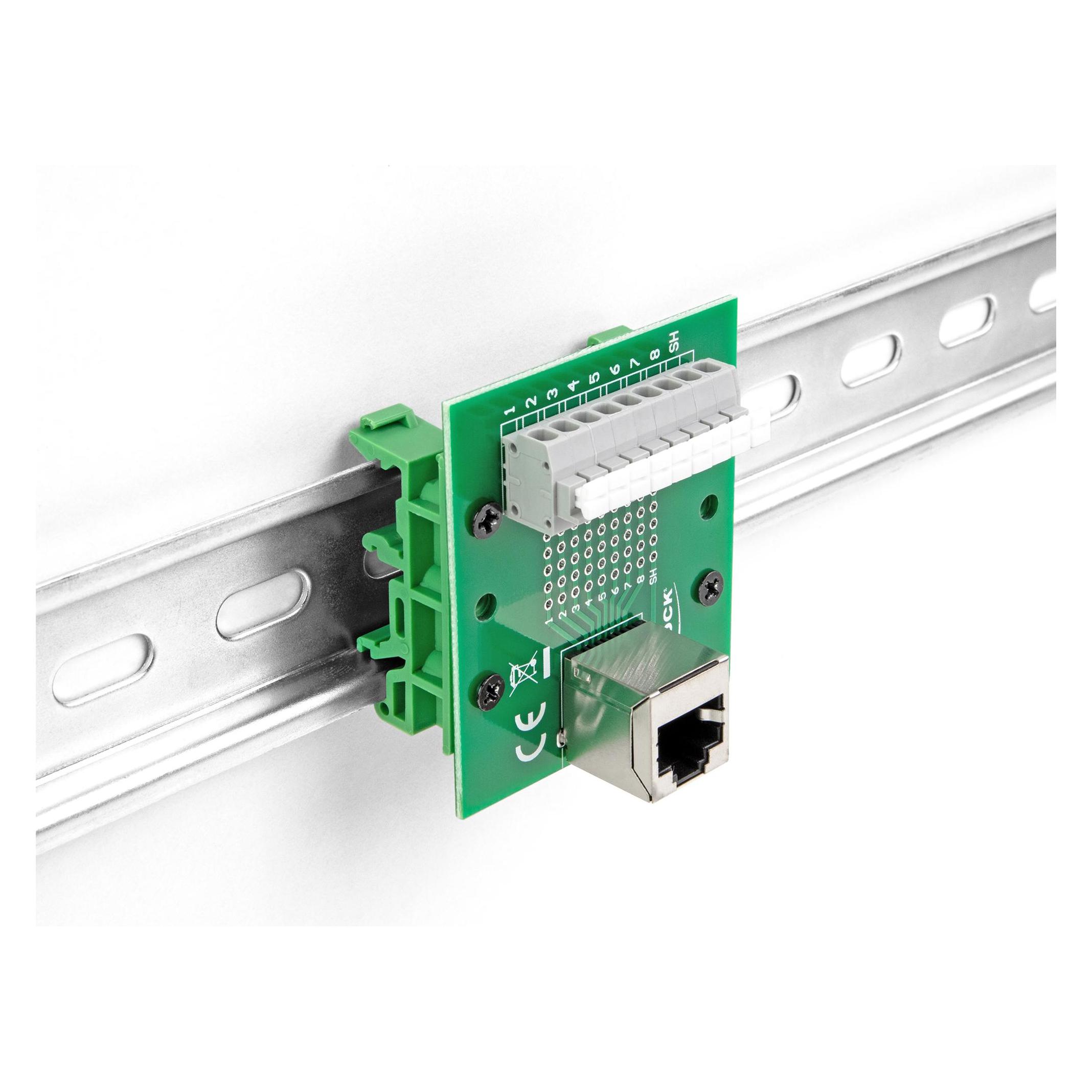 Delock RJ45 Buchse zu Terminalblock mit Drucktaster für Hutschiene gewinkelt (RJ45) (66993)