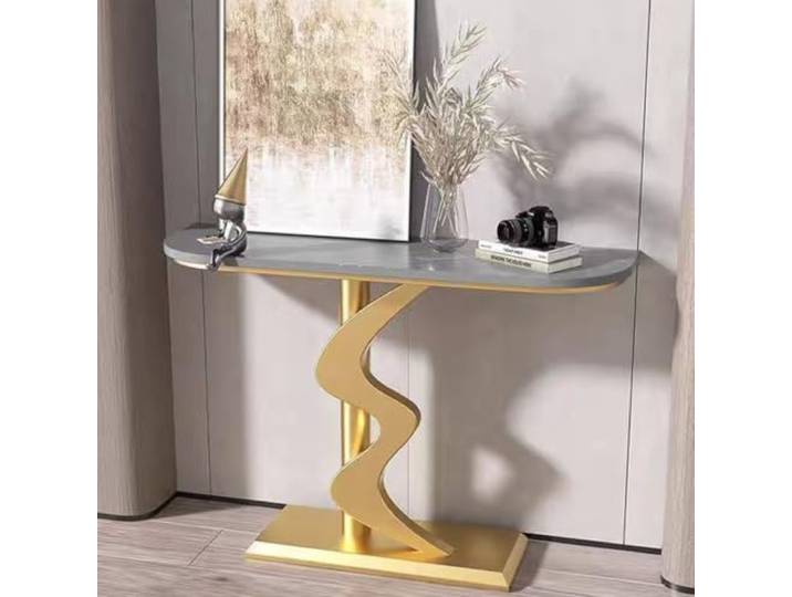 Moderner Konsolentisch,Schmaler Flurtisch mit Steinplatte und Metallgestell Hochwertige Steinplatte, Kratzfest, Stabiler Metallrahmen, Platzsparend, Modernes Design(Gold+Gray1,80cm)