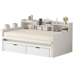 OKWISH Multifunktionales Schlafsofa 90x200 cm ausziehbar 90x190 cm Holz mit Schubladen USB-Steckdose Stauraum Weiß praktisch modern