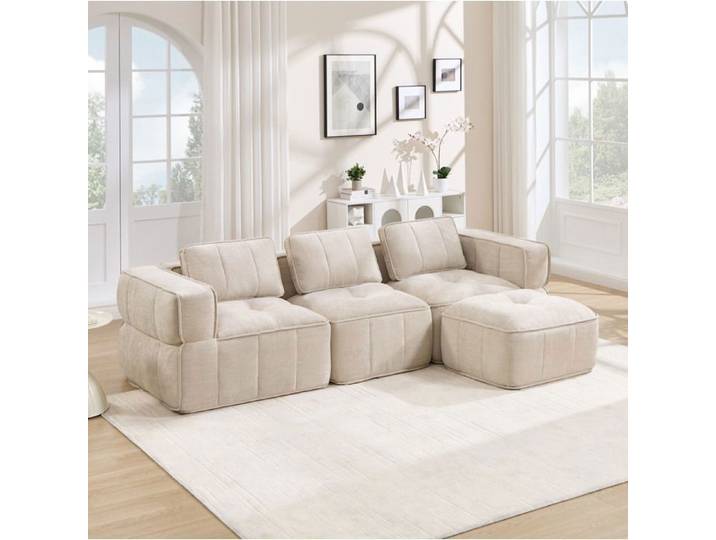 Modenuit Canapé compressé d'angle 3 places avec 1 pouf tissu polyester beige mousse 32D