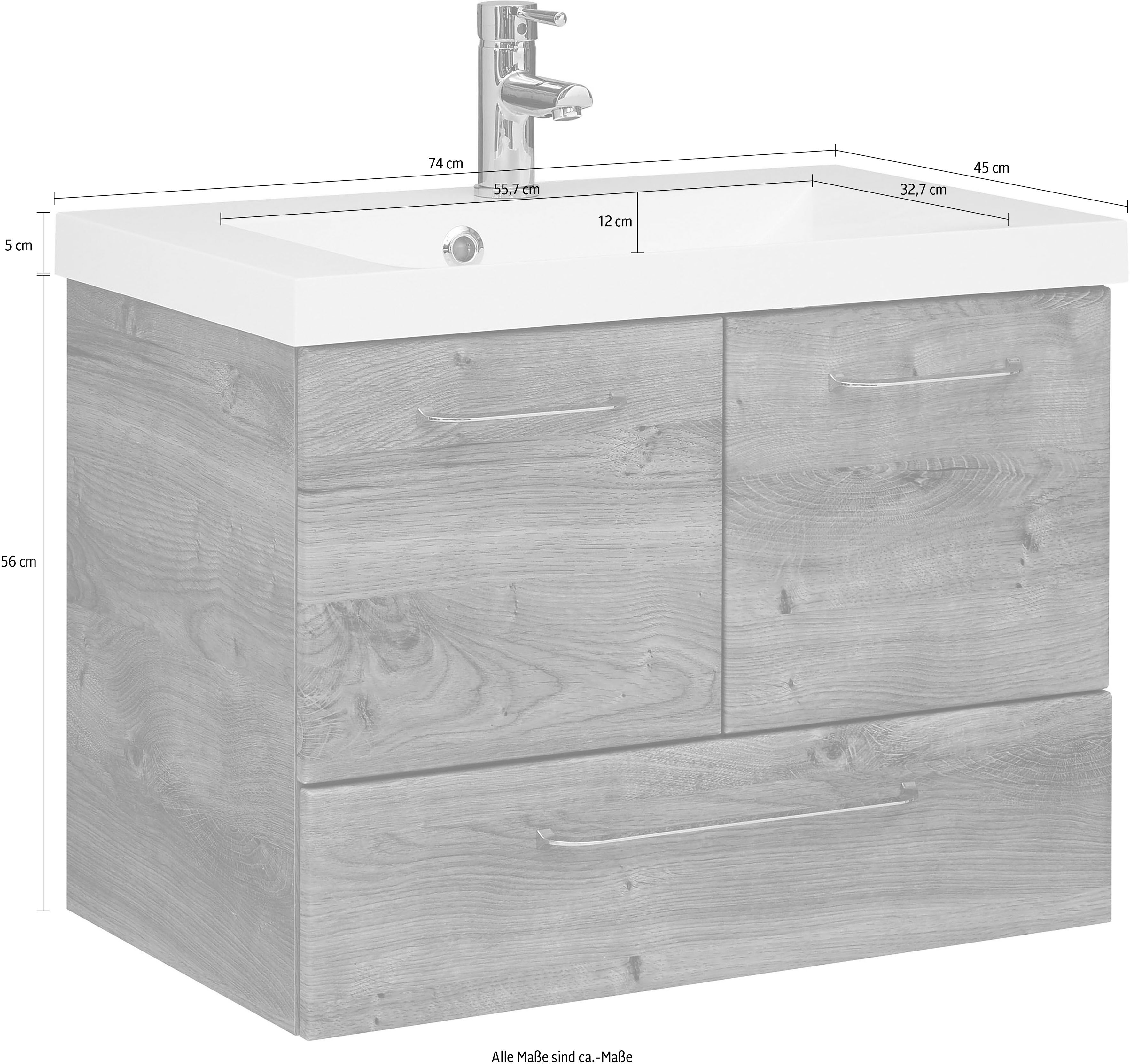 Waschtisch SAPHIR "Quickset Mineralmarmor-Waschtisch mit Unterschrank, 74 cm breit", braun (eiche ribbeck, eiche ribbeck, eiche ribbeck), B:74cm H:56cm T:45cm, Holzwerkstoff, Mineralguss, Waschtische, Waschtisch, Wachplatz, Griffe Chrom Glanz, inkl. Türdä