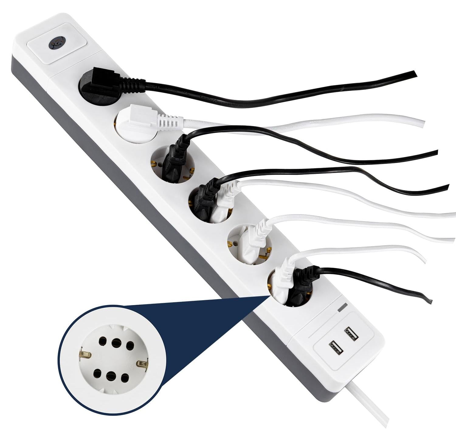 REV stekkerdoos Combini, 6-voudig met 2x USB-A, 1,4 meter, wit/zwart