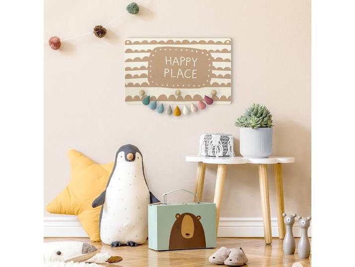 Kindergarderobe Happy Place in Wolken 40 x 25 x 1cm Beige/Braun/Weiß