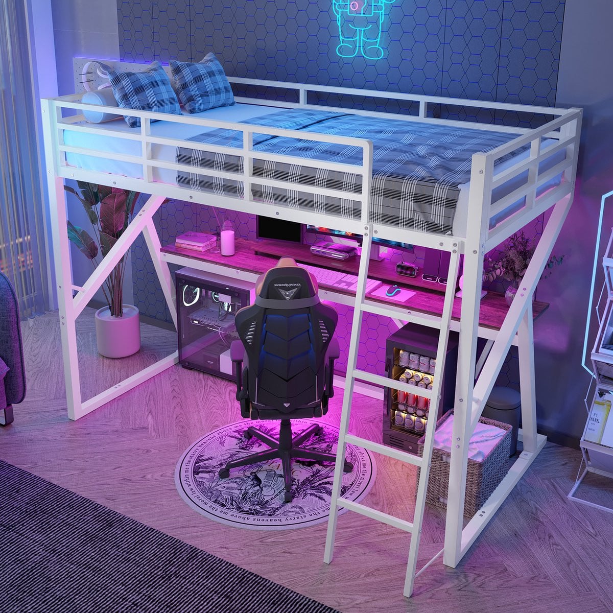 REDOM Hoogslaper met bureau en LED-verlichting, Wit, 90 x 200 cm