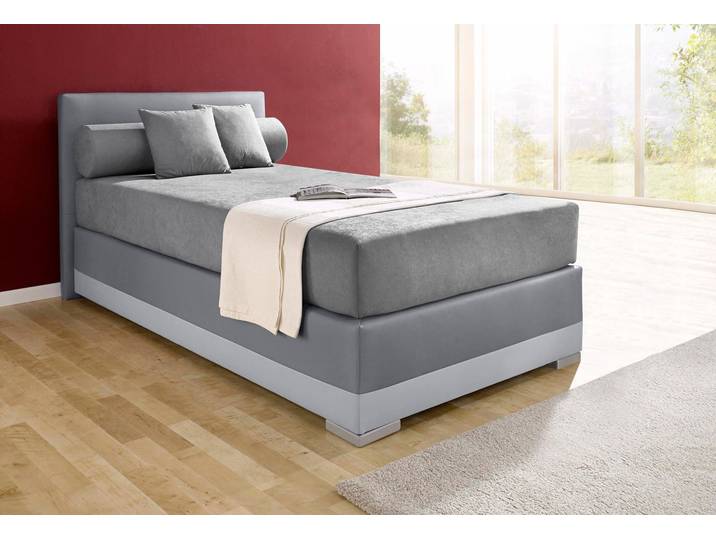Boxspringbett, Microvelours/Kunstleder, Grau, 127×210 cm, H2, 7-Zonen-Kaltschaummatratze, Maintal