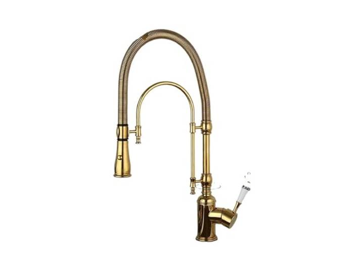 Küchenarmatur for Herunterziehen, Heiß- und Kaltmischer-Kran-Wasserhahn, Doppelloch-Spültischarmatur Kommerziell(Gold)