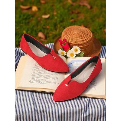 Rote Damen-Ballerinas mit spitzer Spitze aus Wildlederimitat – bequeme Picknickschuhe für Herbstnachmittage, zum Lesen auf dem Rasen und zum Kaffeetrinken im Freien